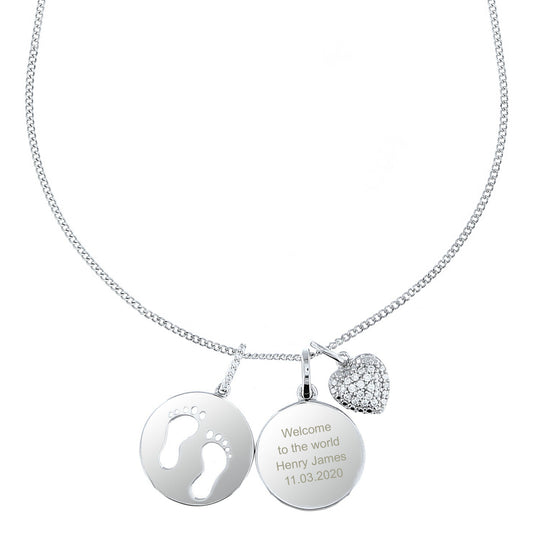 Sterling Silver Footprints and Cubic Zirconia Heart Necklace - Lilybet loves