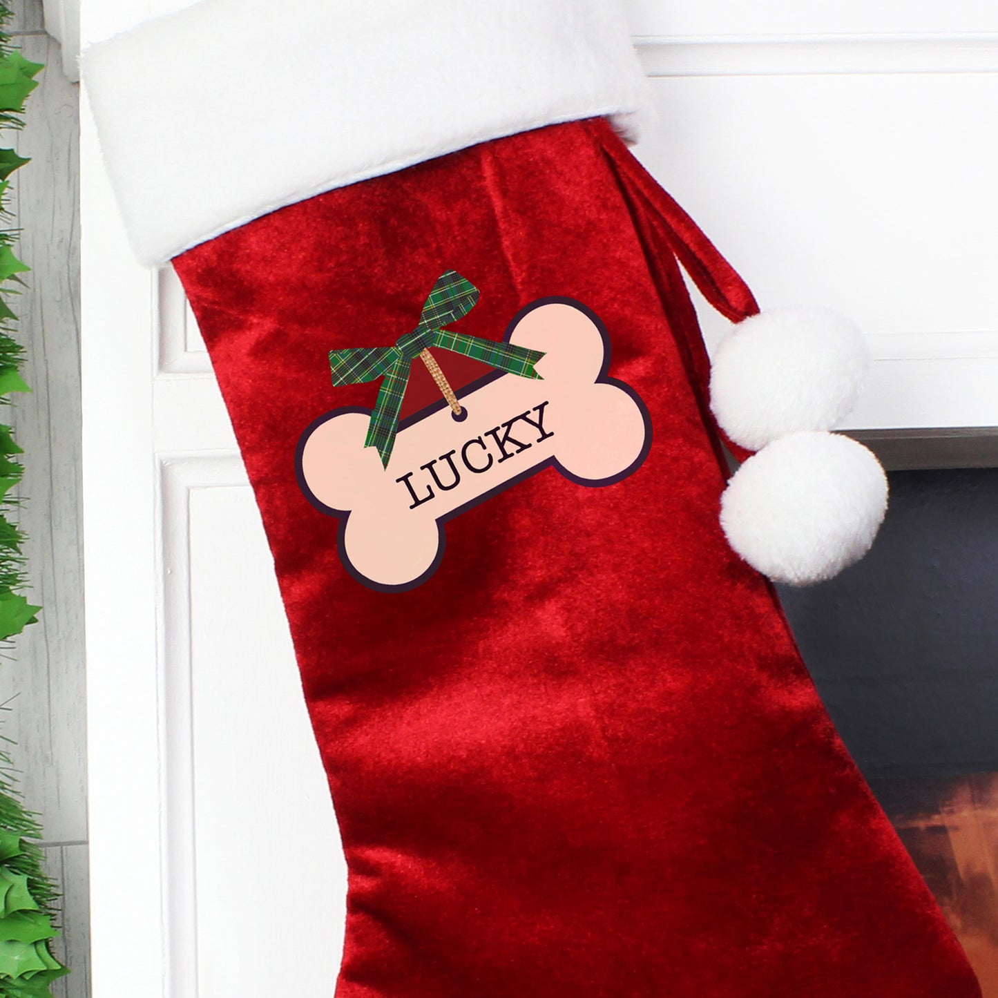 Personalised dog luxury plush red stocking - Lilybet loves